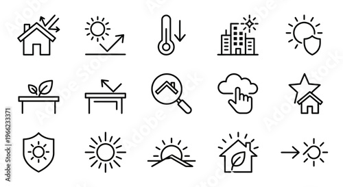 Web icons de telhados brancos e albedo urbano em estilo line art. Coleção de resfriamento de cidades, superfícies refletivas e eficiência térmica urbana. Símbolos ultra-minimalistas para apps de smart