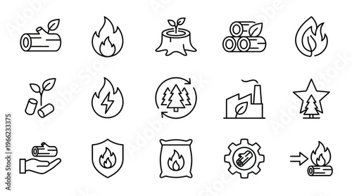 Web icons de biomassa florestal sustentável em estilo line art. Coleção de bioenergia limpa, pellets de madeira e gestão florestal. Símbolos ultra-minimalistas para dashboards de energia renovável, re