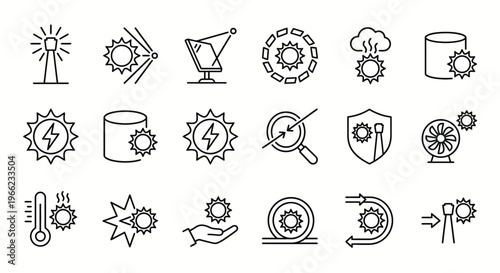 Web icons de energia termossolar e concentração em estilo line art. Coleção de torres de espelhos, heliostatos e armazenamento térmico. Símbolos ultra-minimalistas para plataformas de energia renováve