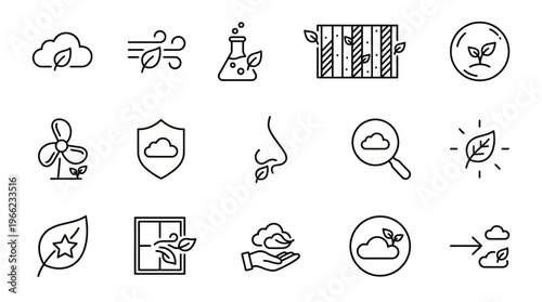 Web icons de biofiltração e purificação natural do ar em estilo line art. Coleção de paredes de algas, filtros de musgo e qualidade biológica do ar. Símbolos ultra-minimalistas para apps de bem-estar,