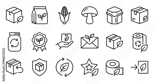Web icons de embalagens sustentáveis e bioplásticos em estilo line art. Coleção de materiais compostáveis, alternativas ao plástico e logística verde. Símbolos ultra-minimalistas para e-commerce suste