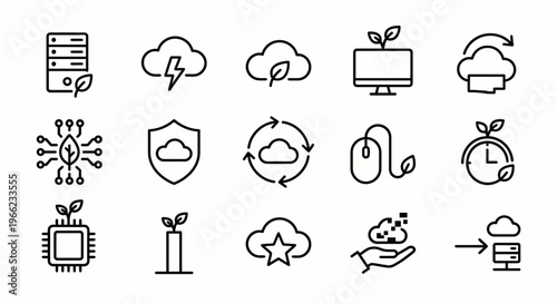 Web icons de TI Verde e gestão de carbono em nuvem em estilo line art. Coleção de computação sustentável, eficiência de dados e tecnologia limpa. Símbolos ultra-minimalistas para plataformas tech, rel