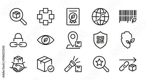 Web icons de rastreabilidade e blockchain sustentável em estilo line art. Coleção de transparência de cadeia de suprimentos e origem de produtos. Símbolos ultra-minimalistas para plataformas de logíst