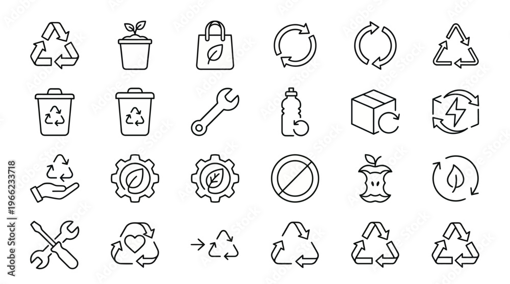 Fototapeta premium Circular economy and waste management web icons in line style. Recycling, composting, and repair collection. Ultra-minimalist symbols for eco-apps, sustainability reports, and green branding. Clean bl