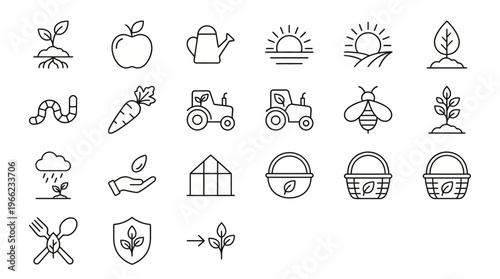 Web icons de agricultura sustentável e alimentos orgânicos em estilo line art. Coleção de símbolos de agricultura regenerativa, saúde do solo e agritech. Símbolos ultra-minimalistas para mercados orgâ