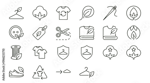 Web icons de moda sustentável e têxteis ecológicos em estilo line art. Coleção de algodão orgânico, reciclagem de roupas e moda circular. Símbolos ultra-minimalistas para e-commerce eco-friendly, blog