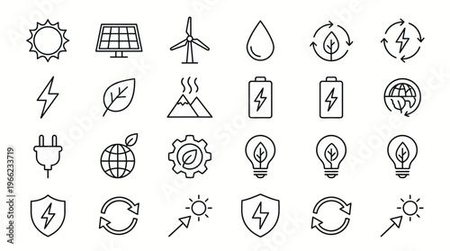 Renewable energy web icons in line style. Solar, wind, hydro, and geothermal energy collection. Ultra-minimalist symbols for green energy platforms, sustainability reports, and eco-tech dashboards. Cl