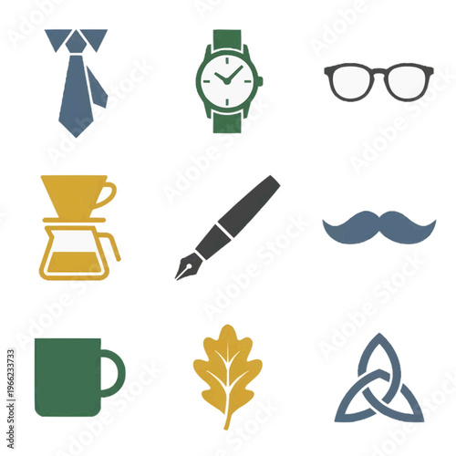 北欧風の洗練された父の日アイコン9種セット 白背景に孤立したミニマルなネクタイとライフスタイルのイラスト 父の日のデザインに最適な高品質素材