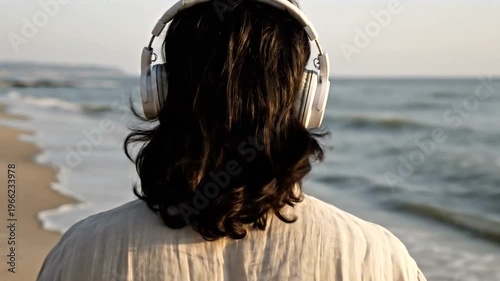 Woman listening to music on beach.
