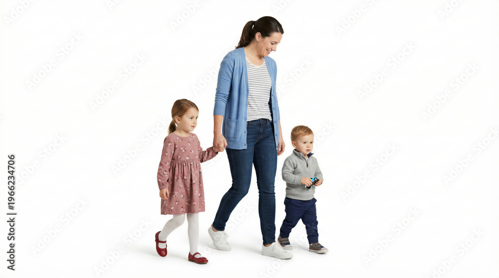 Obraz premium Happy Mother Walking with Her Two Young Children, a Girl and a Boy, Holding Hands on White Background