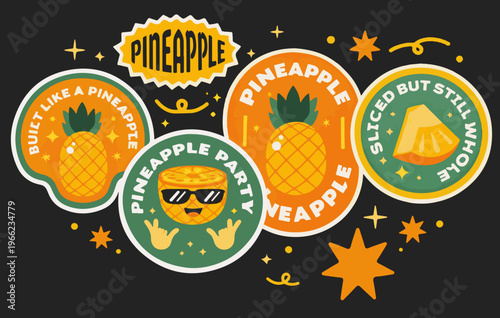 Retro pineapple sticker set with tropical fruit badges, vintage summer party labels in orange and green, collection of 5 vector fruit emblems for branding and apparel design