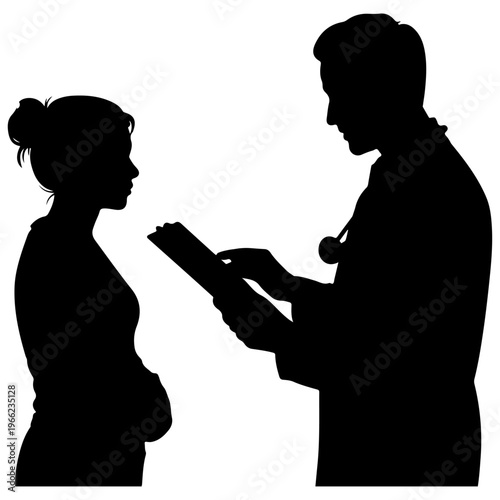 Silhouette of a male doctor consulting with a pregnant woman about her health and prenatal care.