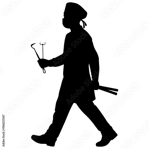 Silhouette of a surgeon walking while holding medical instruments against a white background