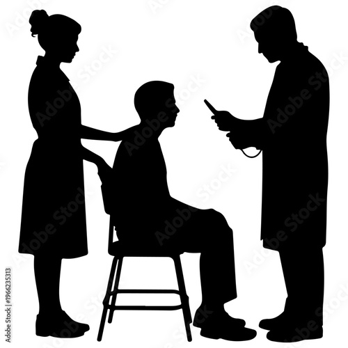 Silhouette of a doctor and nurse attending to a patient during a medical consultation