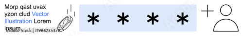 Data protection, user authentication, identity verification, cybersecurity, digital access, online login. Icons show password placeholders and user profile ion. Data protection and authentication