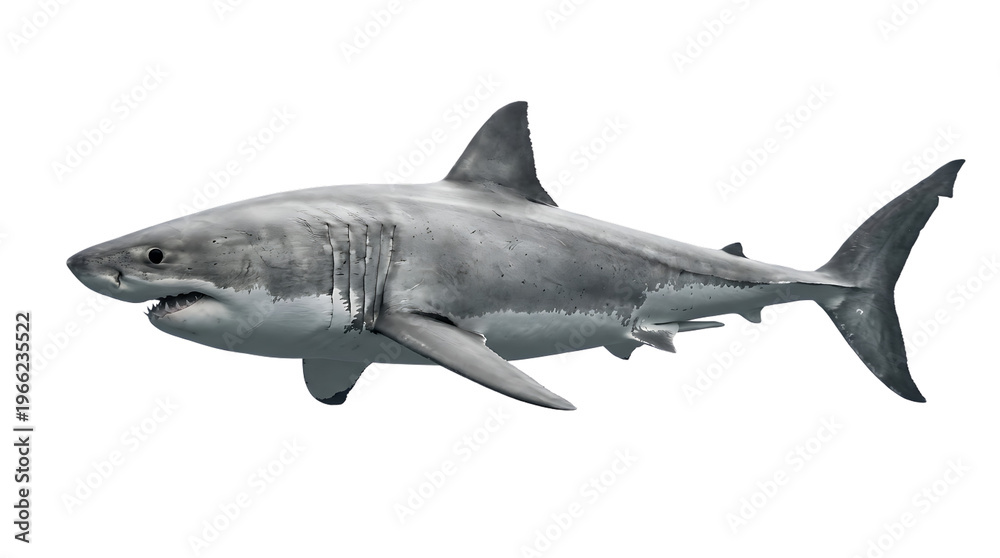 Fototapeta premium Majestic great white shark swimming gracefully in clear blue ocean waters apex predator of the sea illustrating marine life and oceanography