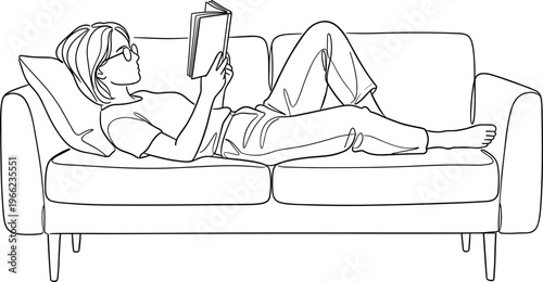 woman relaxing on sofa and reading book line art illustration with girl lying on couch enjoying leisure reading at home isolated on transparent background