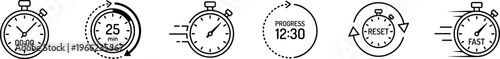 stopwatch and timer outline icon set with countdown clock progress reset fast speed and time management symbols isolated on transparent background