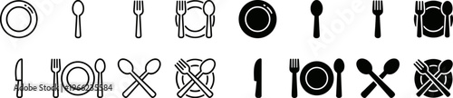 Fotografía restaurant and dining outline icon set with spoon fork knife plate table setting