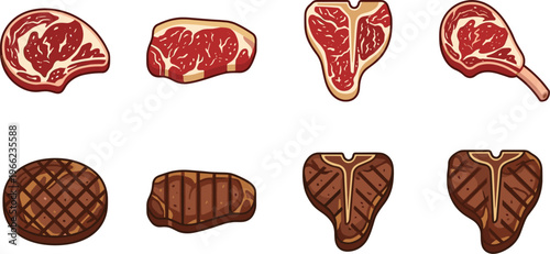 raw and grilled steak meat icon set with beef ribeye sirloin and t bone barbecue meat cuts isolated on transparent background
