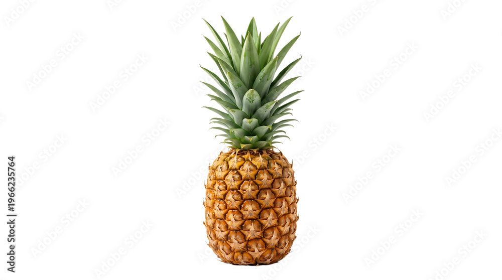 Fototapeta premium Whole ripe pineapple fruit with green spiky leaves tropical exotic food isolated on white background studio shot healthy eating natural sweetness refreshing taste summer delight