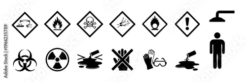 Hazard Warning and Safety Signs Silhouette Icon Set – Chemical, Biohazard, Radiation, Fire and Danger Symbols