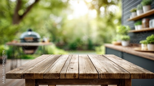 Rustic wooden table with blurred outdoor background