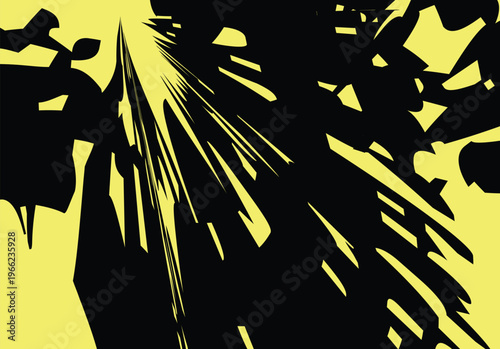 Dramatic black silhouette of leaves and sunbeams on yellow background