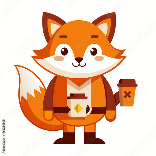 Cute Fox Mascot Character Holding Coffee Cup: Friendly Anthropomorphic Animal Vector for Modern Cafe Branding and Lifestyle Content
