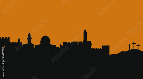 Silhouette of Jerusalem city skyline with three crosses visible on a distant hill