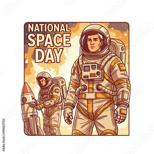 Astronauts in space suits with a rocket, celebrating National Space Day with a retro comic book art style.
