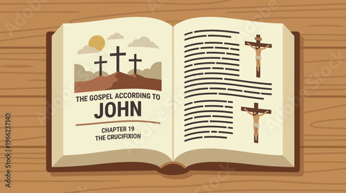 Vector illustration of a Bible opened to the gospel account of the crucifixion