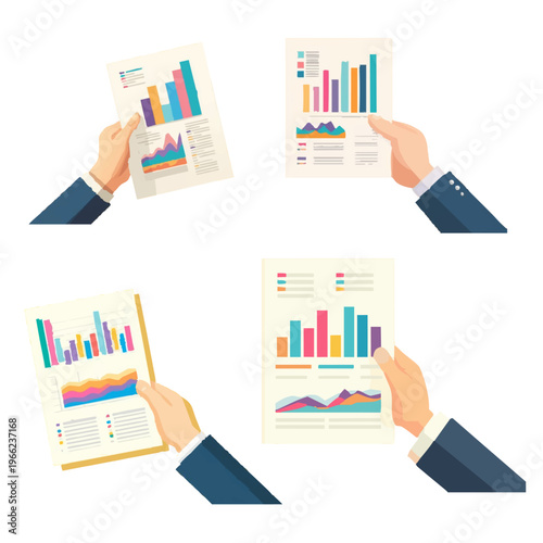 Collection of businessman hands holding financial data reports, vector illustration set.