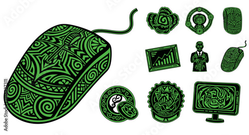 Green tribal patterned computer mouse and digital icons