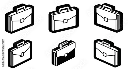 set of six modern black and silver briefcases isolated on white background