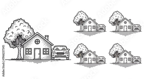 house with car and tree in different angles