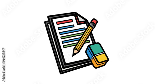 Colorful illustration of pencil, eraser, and document with checkboxes
