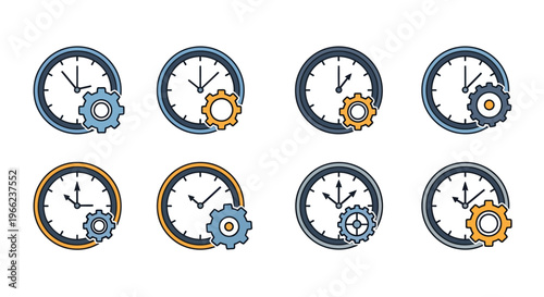 Eight clock icons with gear mechanisms, time and machinery concept