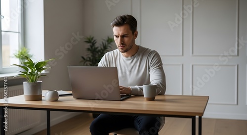 Focused young professional working remotely on laptop at stylish home office desk