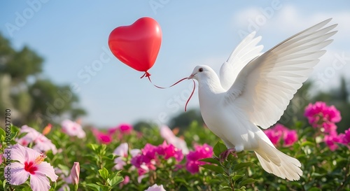 White dove delivers red heart balloon in a vibrant garden of pink flowers under blue sky