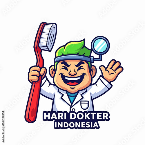 Cartoon Character of Happy Dentist Holding Toothbrush and Magnifying Glass.