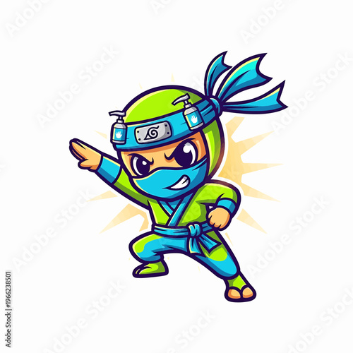 Cartoon Ninja Character in Dynamic Pose with Mask and Sword.