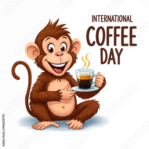 Cute Monkey Holding Coffee Cup Celebrating International Coffee Day.