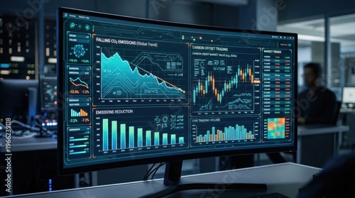 Futuristic data dashboard on curved monitor, carbon emissions tracking and financial analytics interface, modern corporate office control room