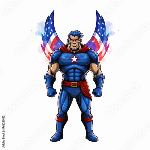 Superhero Character with American Flag Wings and Costume.