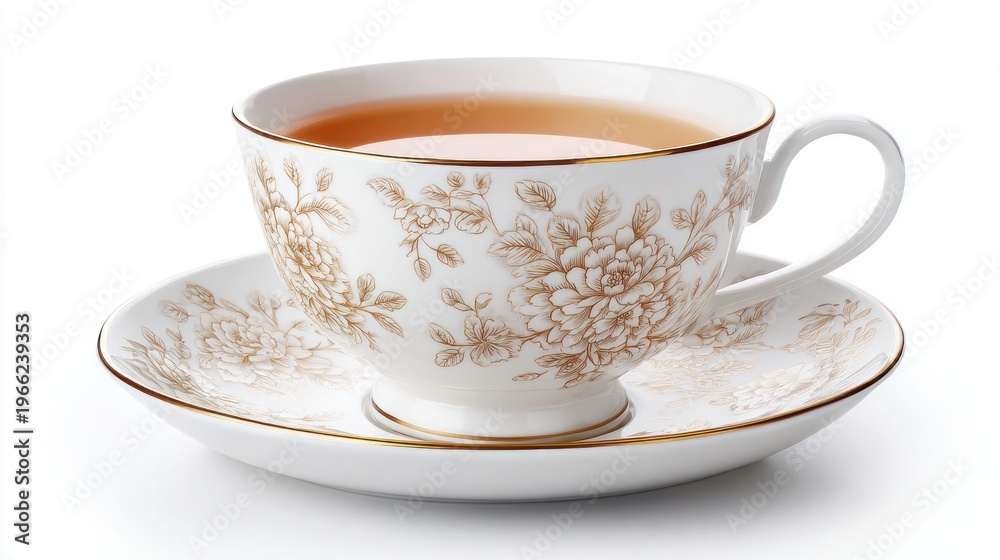 Fototapeta premium Elegant porcelain teacup with floral pattern and golden rim filled with amber tea