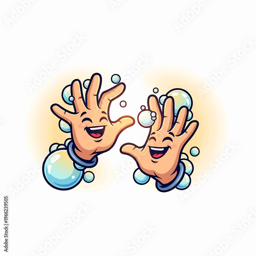 Cartoon Hands Washing with Soap and Bubbles.