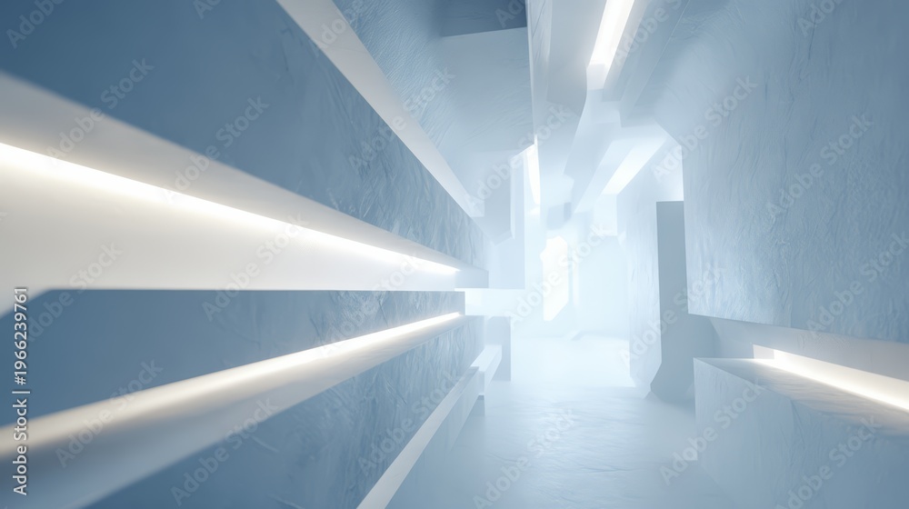 Fototapeta premium Long, narrow room with white walls and white lines. The room is empty and has a cold, sterile feel to it