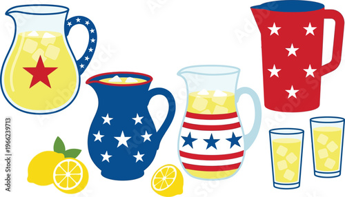 Several pitchers and glasses filled with iced lemonade and whole lemons display patriotic American designs against a white background.