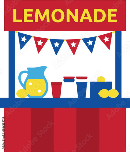 A small roadside stand advertises lemonade sales with red, white, and blue patriotic bunting decorations above the counter.